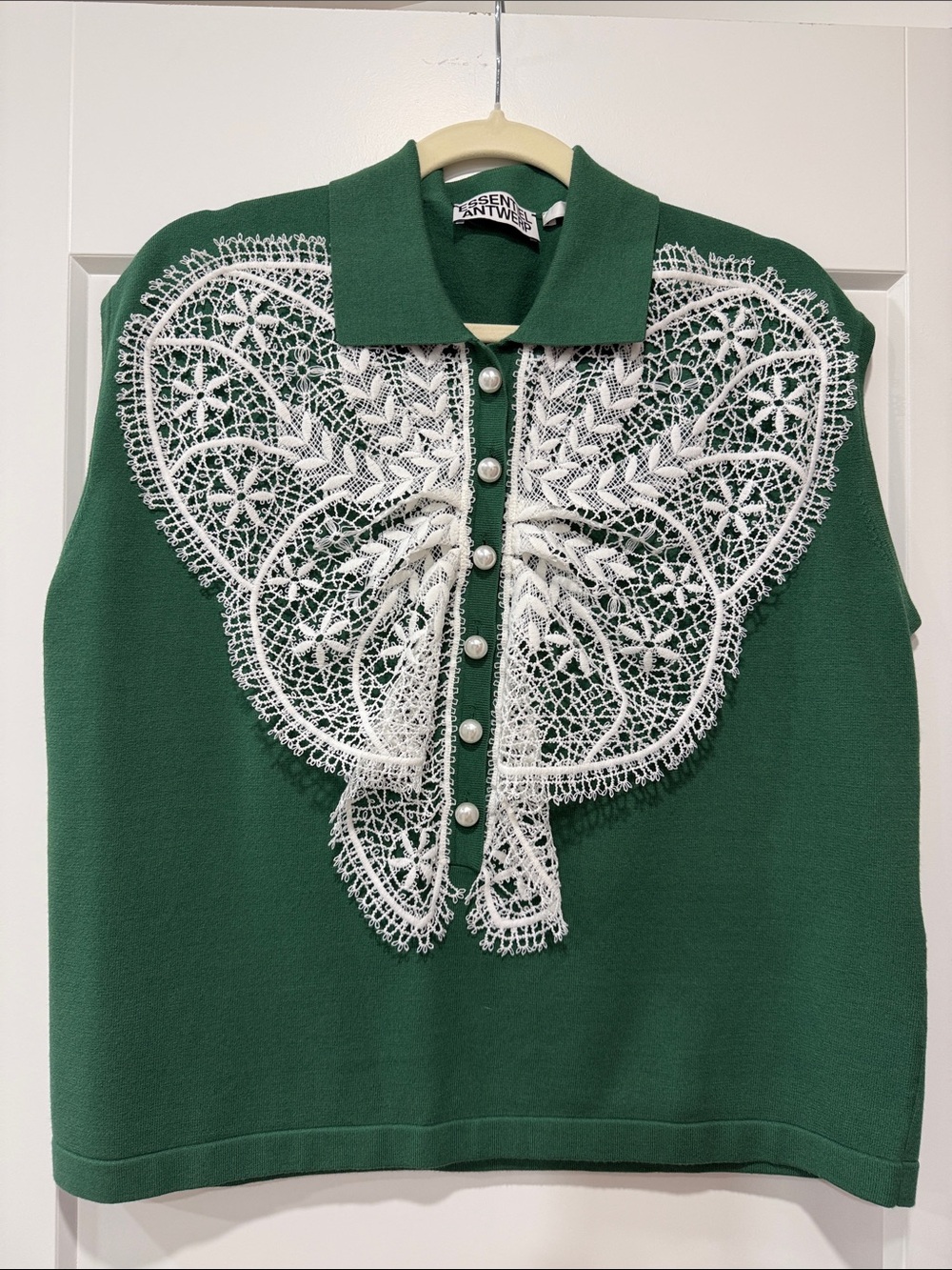 Essentiel Antwerp Green Knit Top with White Lace Trim